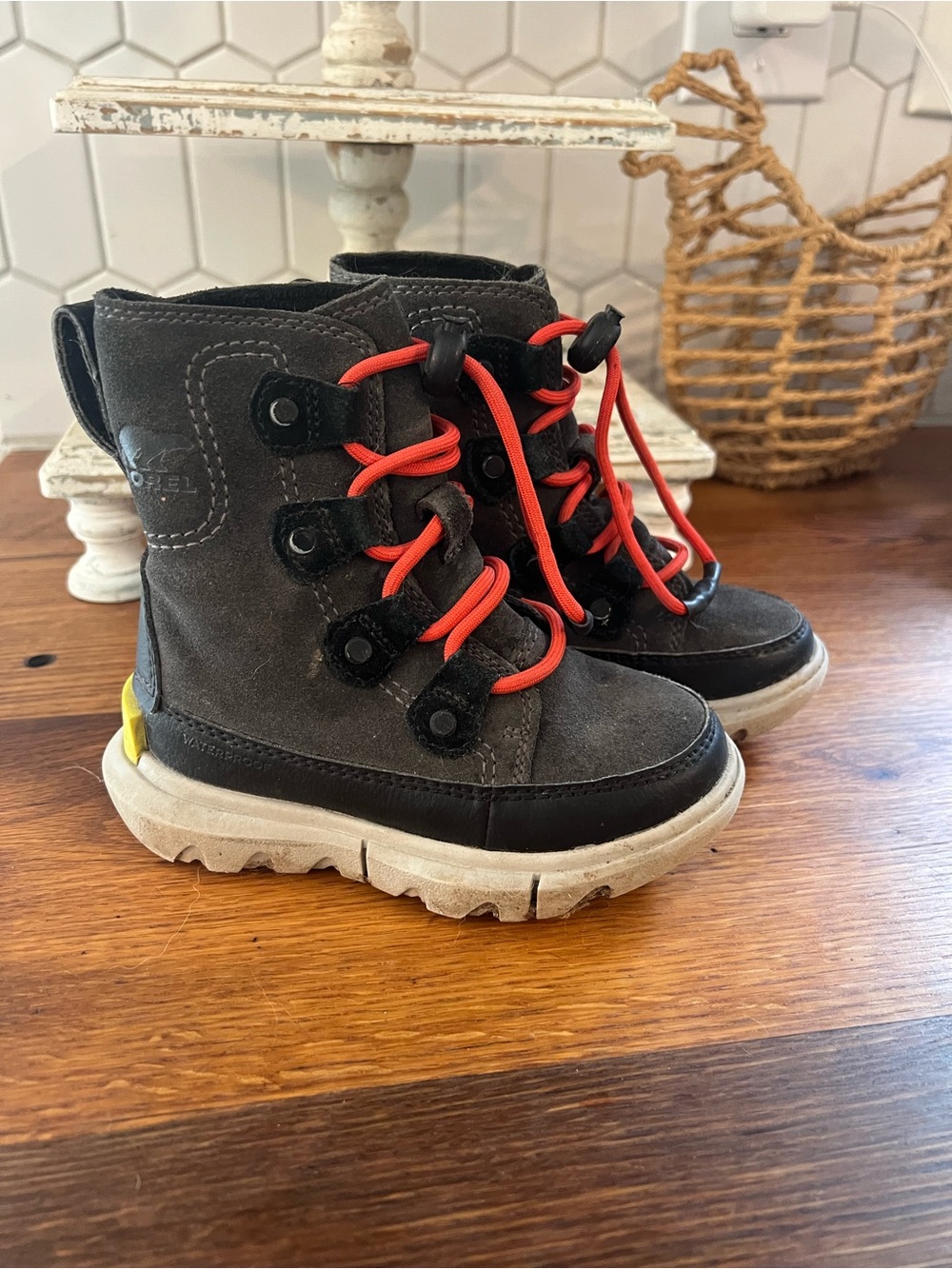 Sorel Kids' Gray Waterproof Winter Boots with Red Laces